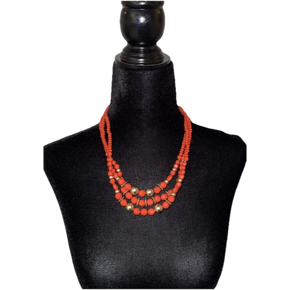 9.5” Fashion Jewelry Faux Orange Coral Beads Three Strands Necklace
